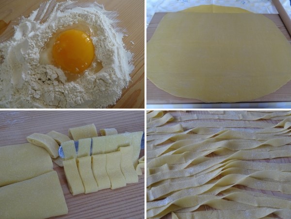 preparazione delle pappardelle con uova d'oca al ragù