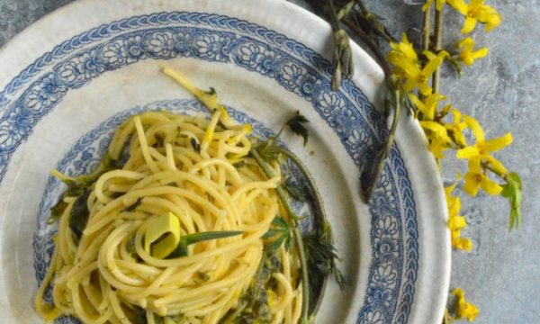 Spaghetti cremosi con luppolo selvatico (ligabusc) e porri