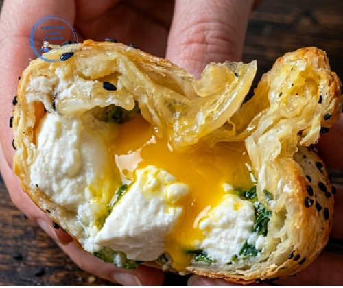 Fagottino croccante di carta di riso con uovo, feta e spinaci