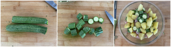 Pollo patate e zucchine gratinati