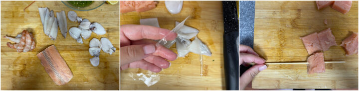 Spiedini di pesce gamberi e calamari