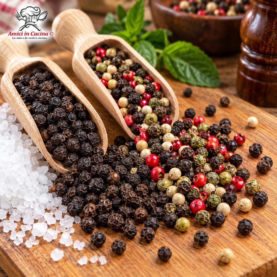 Grani di pepe nero, pepe bianco, pepe verde e pepe rosa con palette di legno e sale grosso di Amici in Cucina