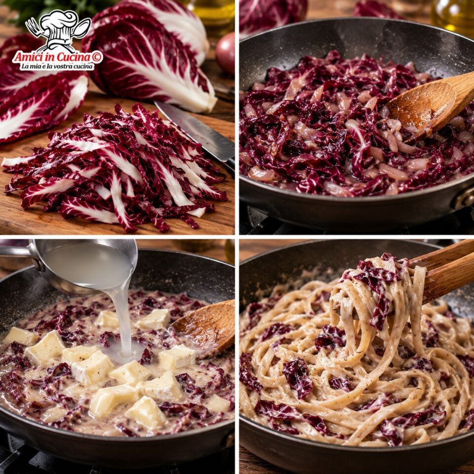 Fasi della ricetta: taglio e cottura del radicchio in padella, scioglimento del brie e mantecatura finale delle tagliatelle di farro