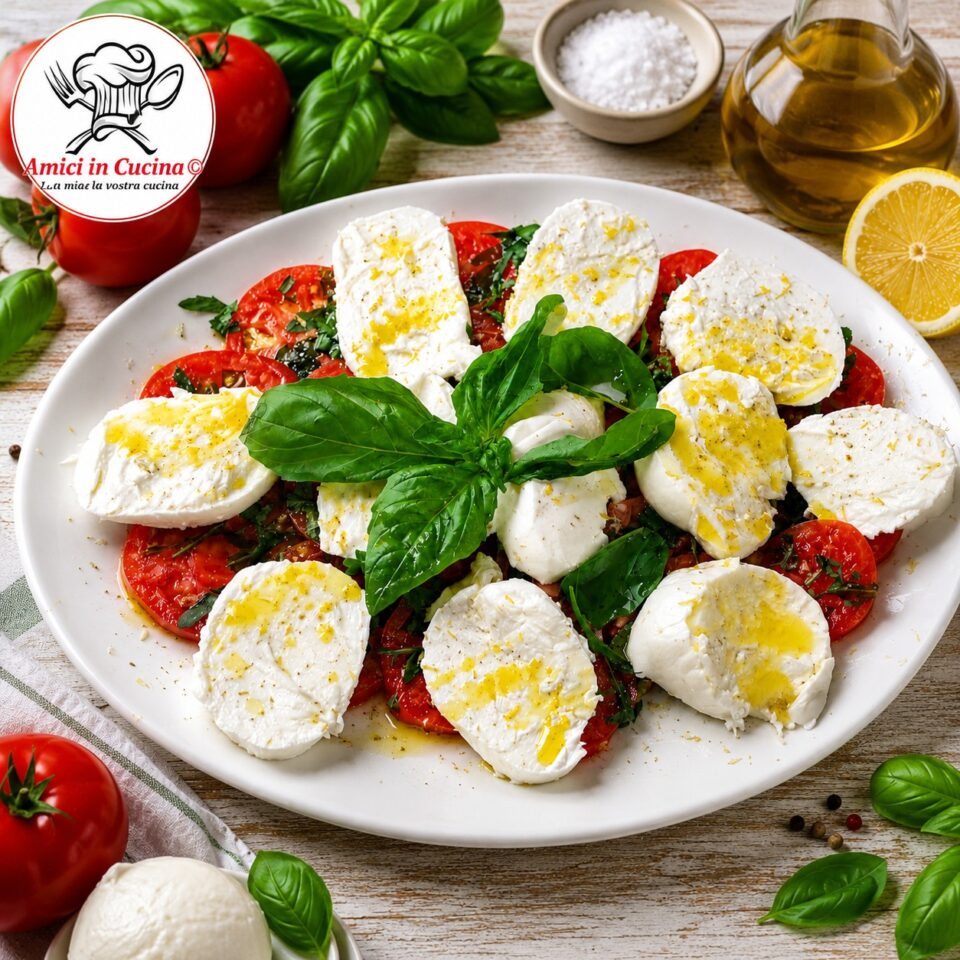 Caprese con mozzarella di bufala DOP, pomodori maturi, basilico fresco, olio extravergine di oliva e scorza di limone, ricetta estiva della tradizione italiana.