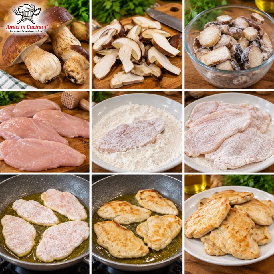 Collage passaggi: infarinatura delle fette di pollo e rosolatura in padella, e successiva cottura dei funghi porcini con aglio