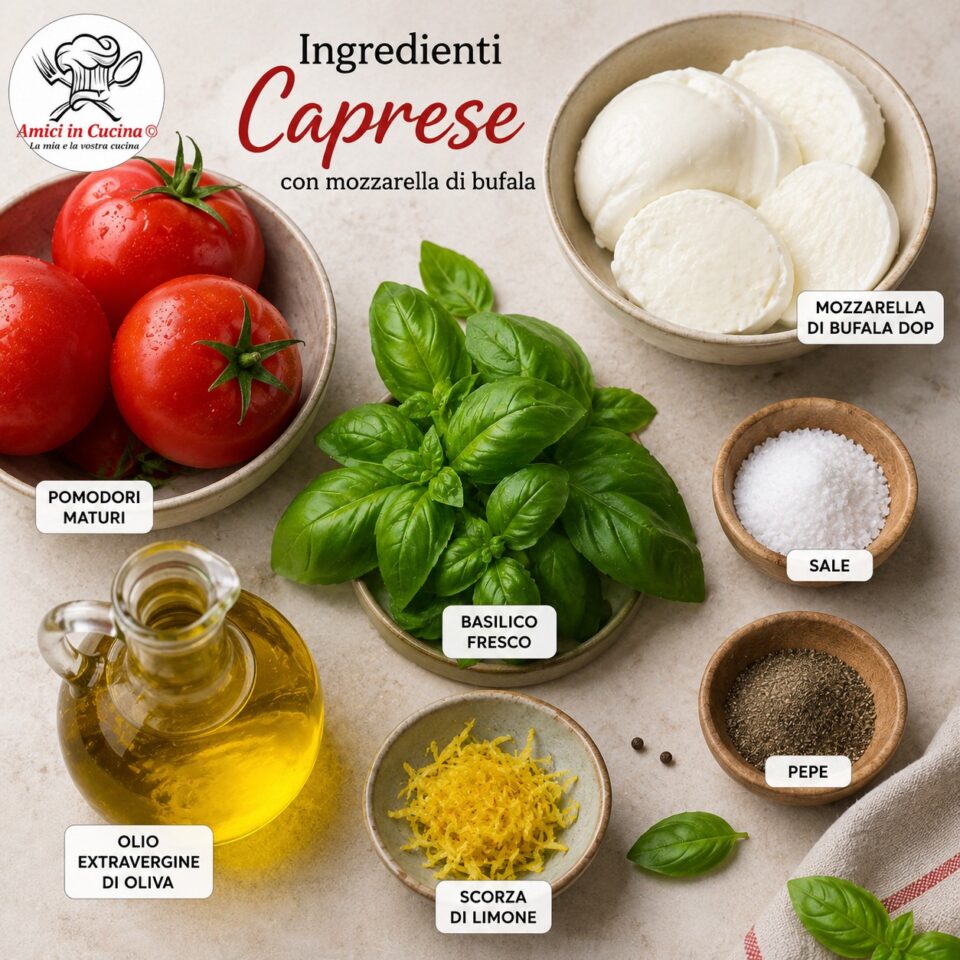 Ingredienti per preparare la Caprese con mozzarella di bufala DOP: pomodori maturi, mozzarella di bufala campana DOP, basilico fresco, olio extravergine di oliva, sale, pepe nero e scorza di limone.