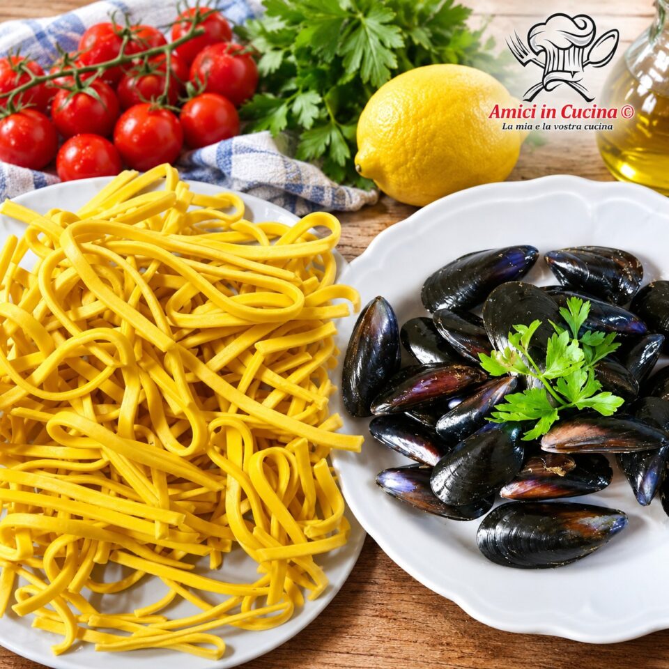 Scialatielli al limone, cozze, gamberi, pistacchi, aglio, prezzemolo, limone e olio extravergine d'oliva.