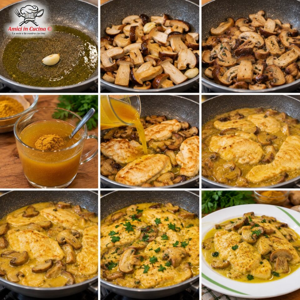 Collage passaggi: unione del pollo ai funghi in padella e aggiunta della polvere di curry sciolta in acqua per formare una salsa densa