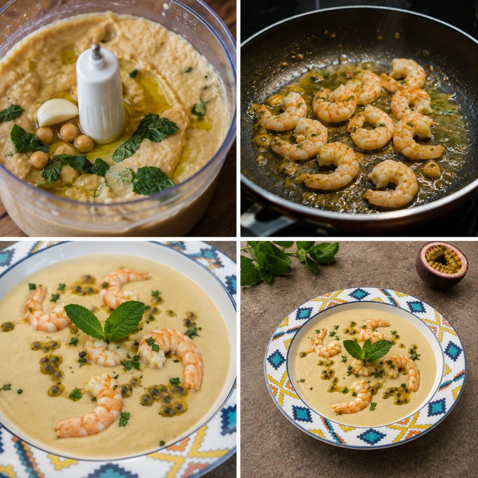 Preparazione dell'hummus di ceci con gamberi passo dopo passo.