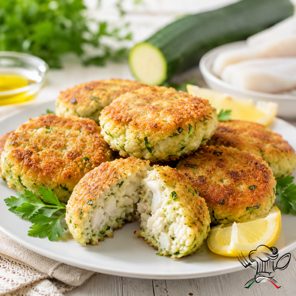 Polpette di merluzzo e zucchine dorate e croccanti servite su un letto di insalata fresca.