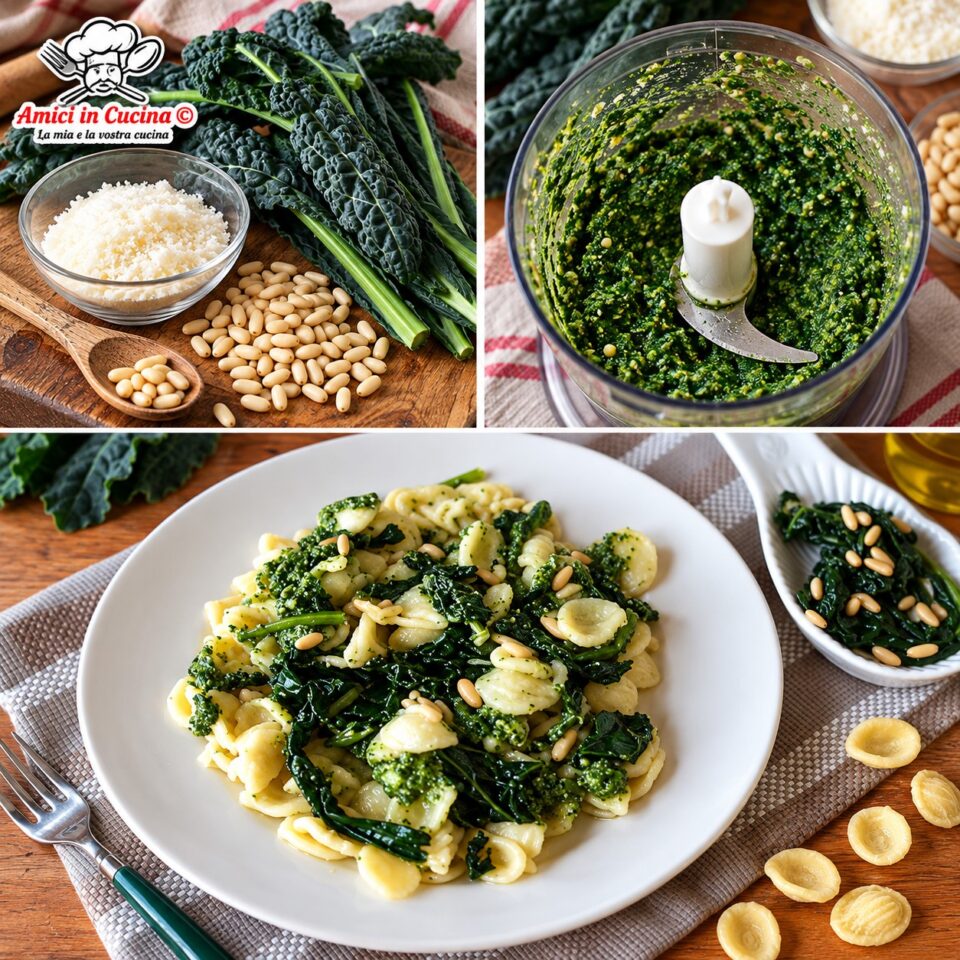 Fasi della preparazione: ingredienti freschi sul tagliere, frullatura del pesto di cavolo nero nel mixer e mantecatura finale delle orecchiette 