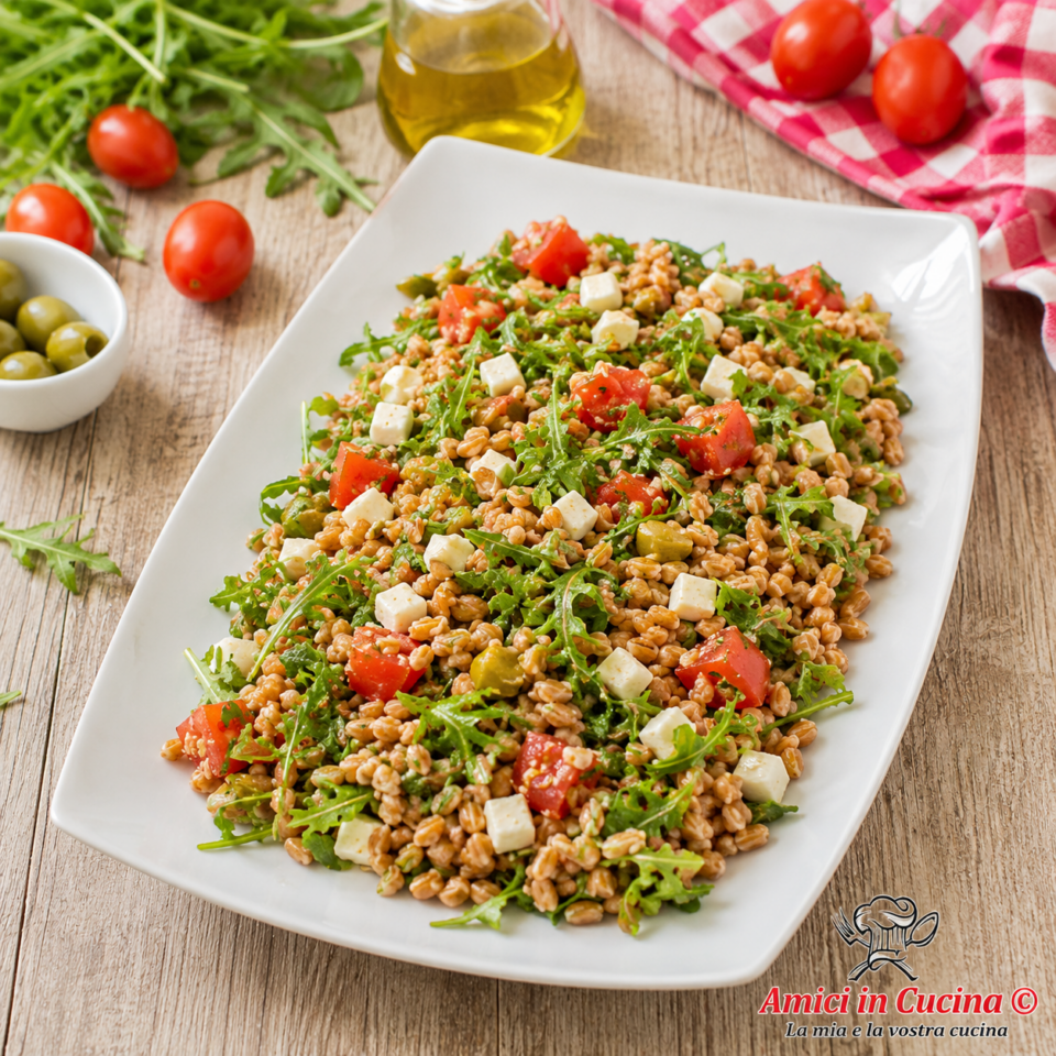Insalata di farro con pomodorini tonno mozzarella e rucola servita in ciotola