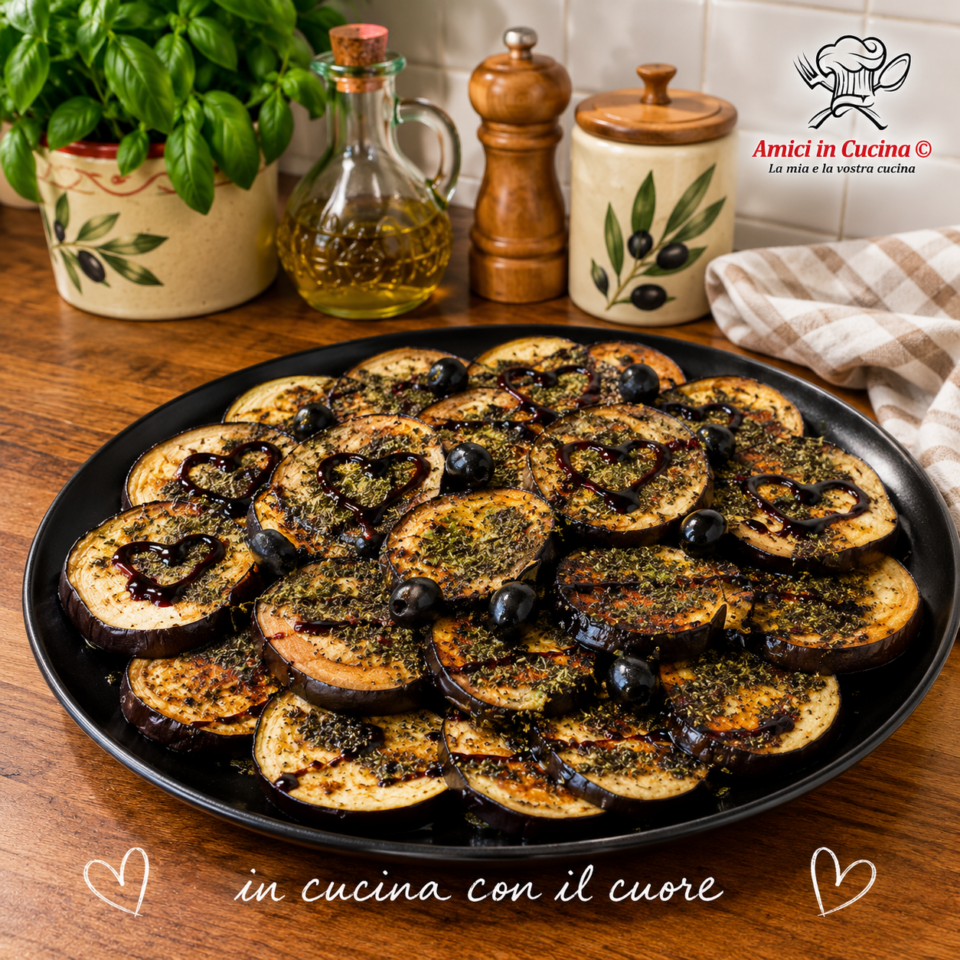 Melanzane grigliate alla ghiotta con olive nere e glassa di aceto balsamico