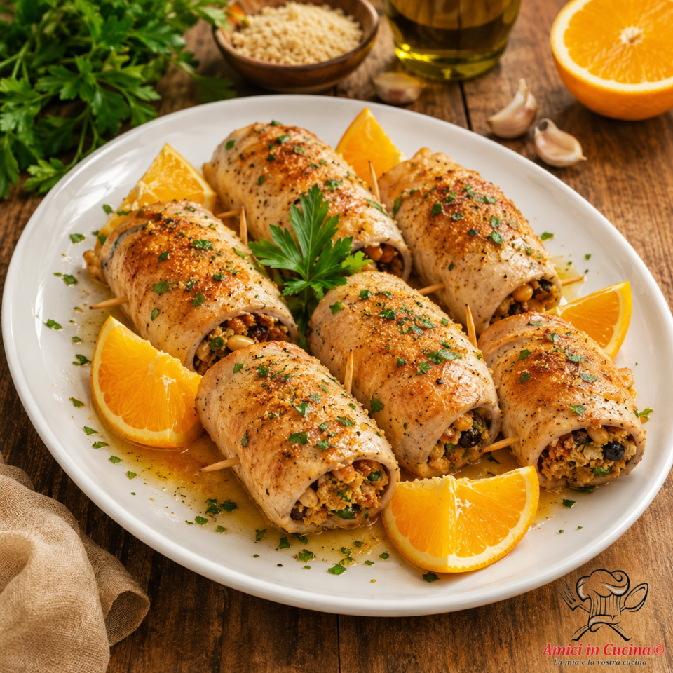 Involtini di pesce spada alla siciliana con ripieno di pangrattato, agrumi e aromi mediterranei serviti su un piatto da portata.