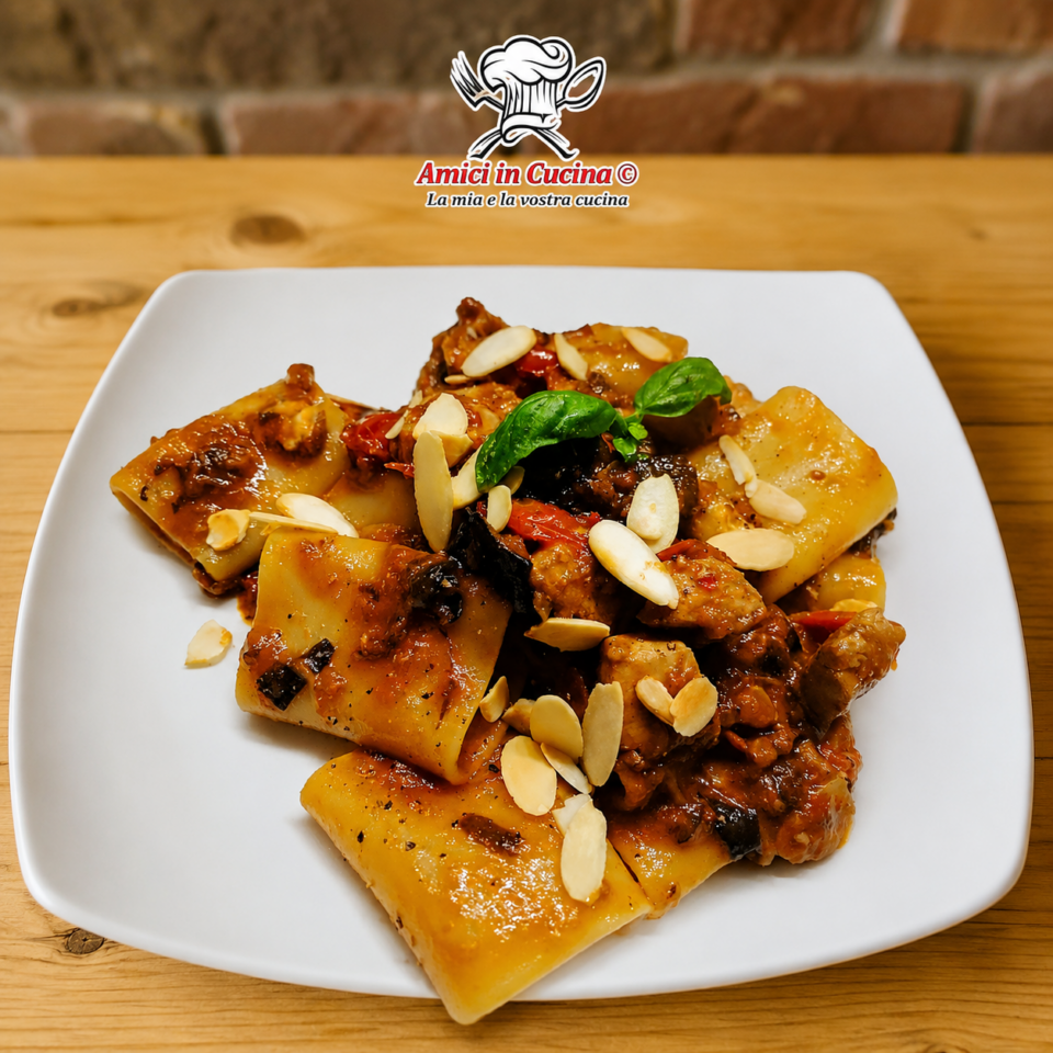 Paccheri con melanzane e pesce spada, primo piatto della cucina siciliana con pomodorini, basilico e mandorle tostate.