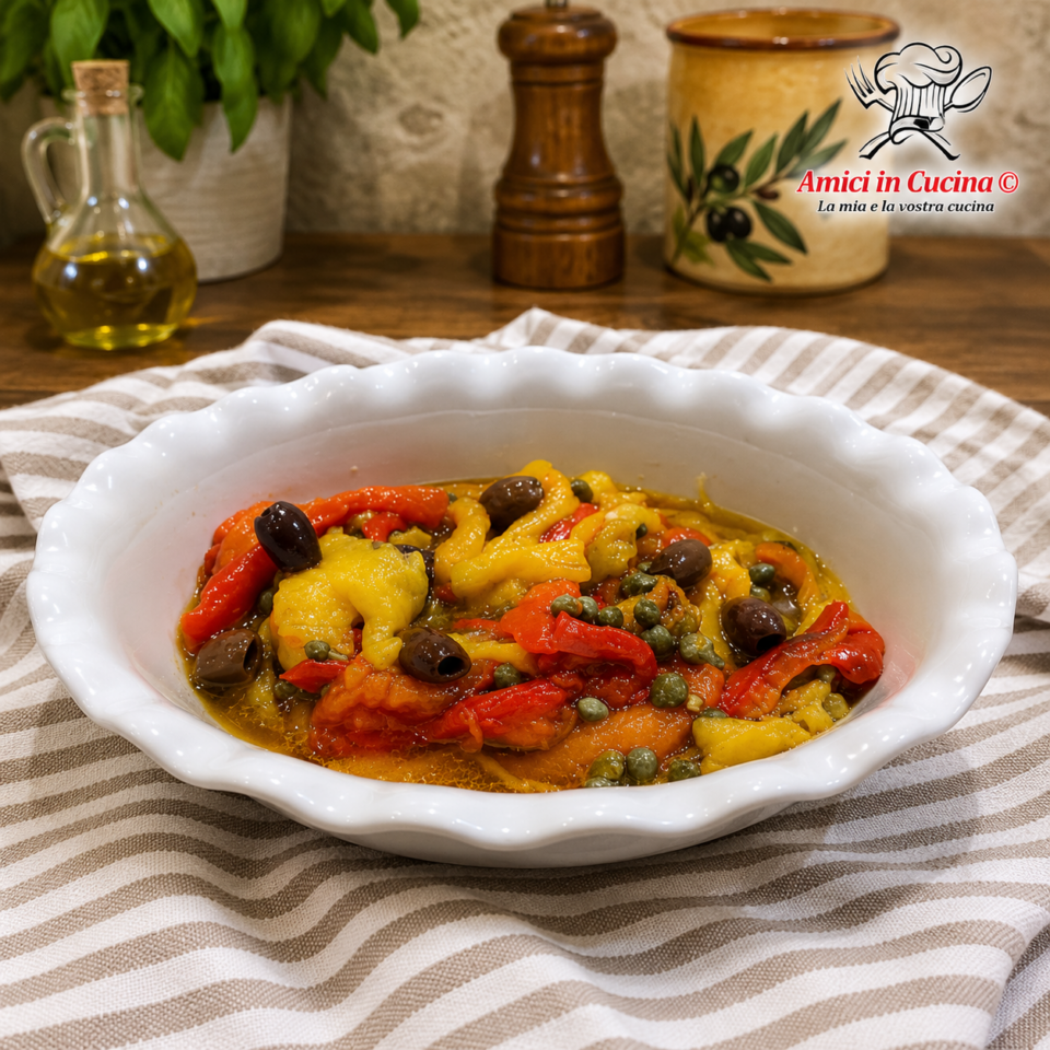 Peperoni arrostiti al forno con olive taggiasche e capperi
