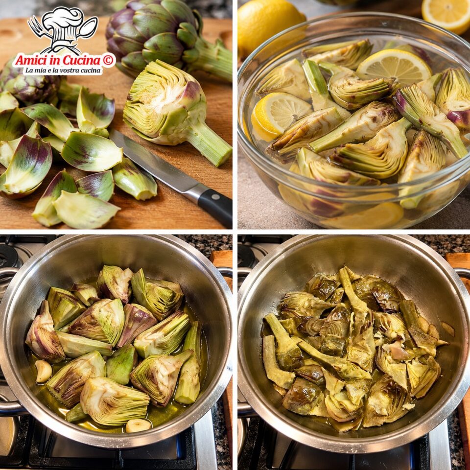 Fasi della preparazione: pulizia dei carciofi, ammollo in acqua acidulata e cottura stufata in tegame con coperchio