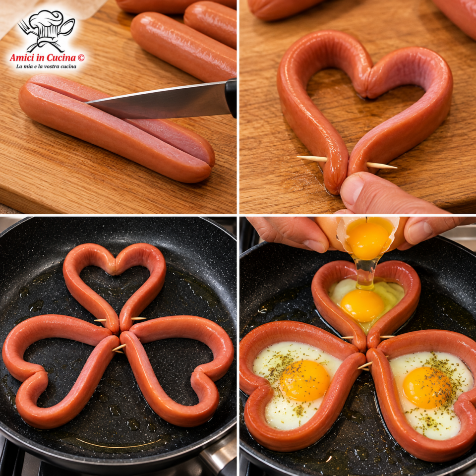 Fasi di preparazione dei cuori di wurstel: taglio del wurstel, chiusura a cuore con lo stuzzicadenti, rosolatura in padella e inserimento dell'uovo