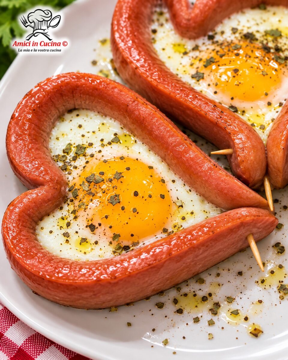 Piatto con dettaglio cuore di wurstel e uovo