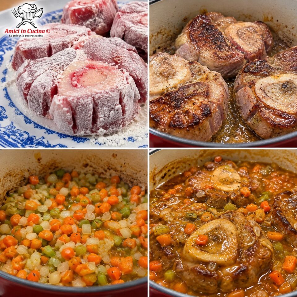 Fasi della preparazione: infarinatura della carne, rosolatura in casseruola, cottura del soffritto di verdure e stufatura lenta dell'ossobuco nel sughetto