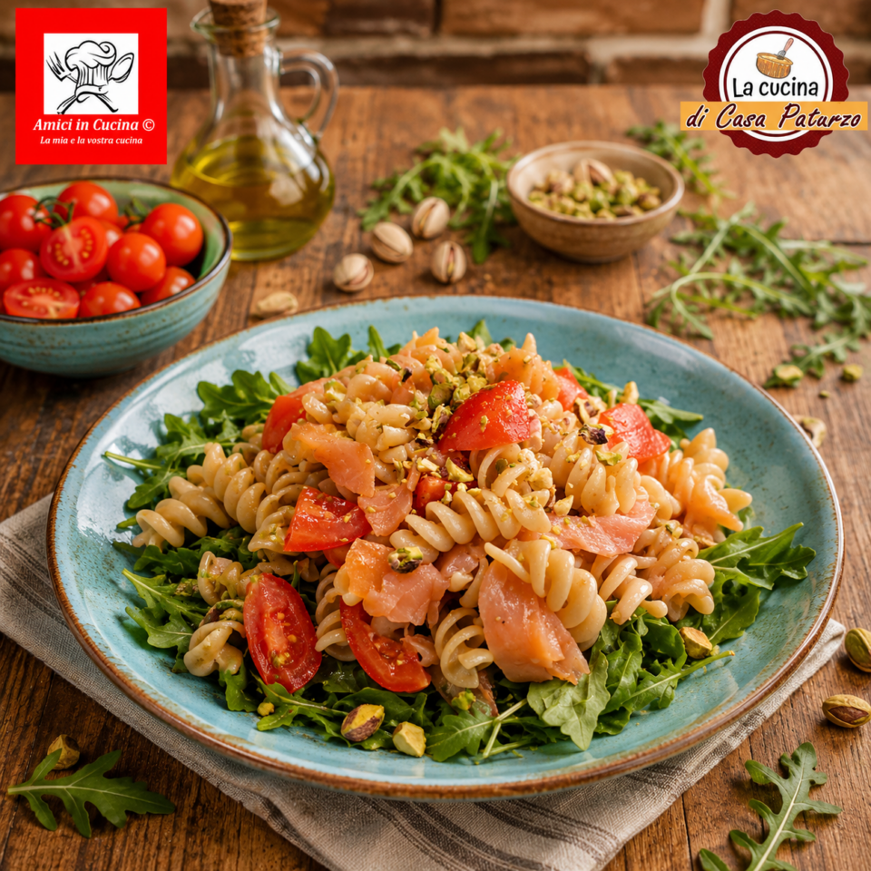 Pasta fredda salmone e pomodorini con rucola e granella di pistacchi