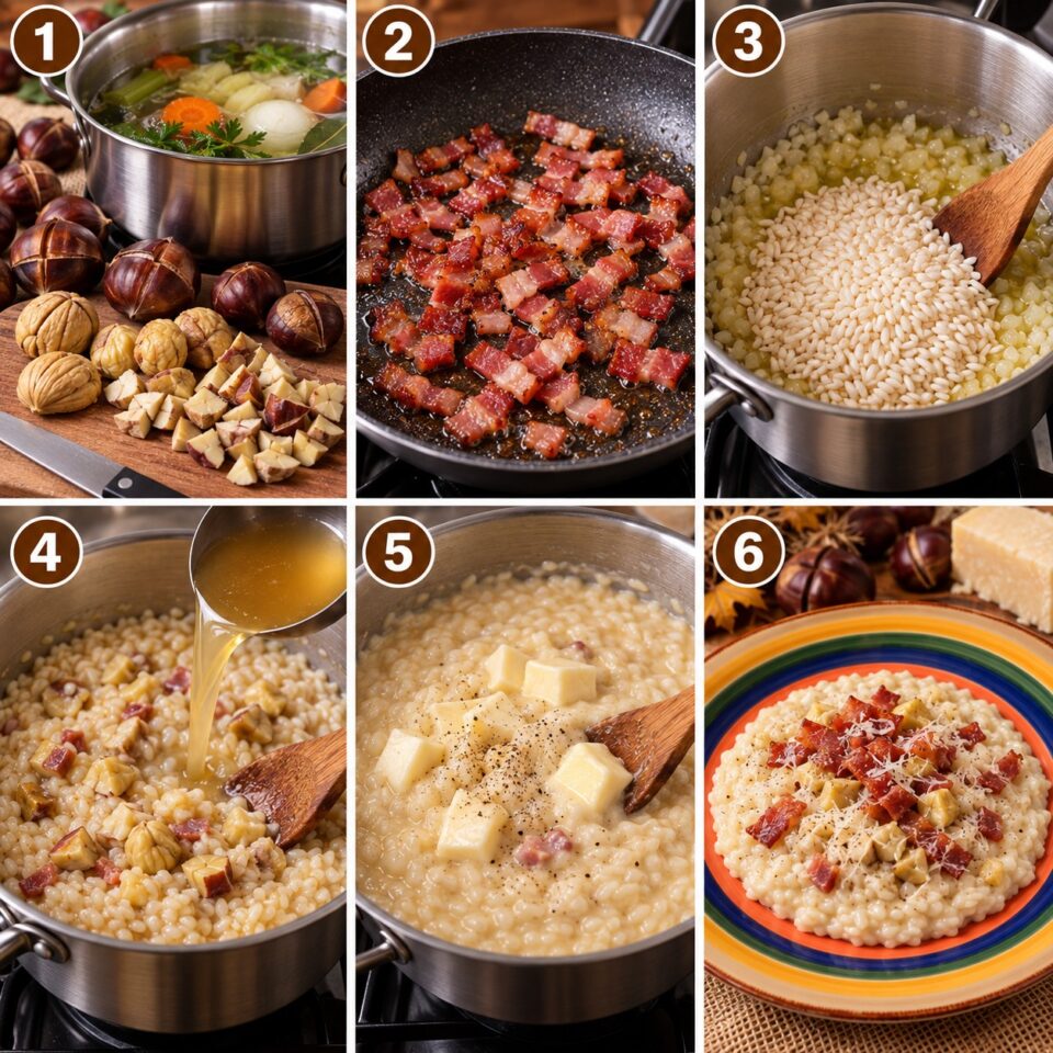 Collage passaggi per risotto con castagne: tostatura riso con cipolla, cottura con brodo e castagne, rosolatura speck e mantecatura con taleggio