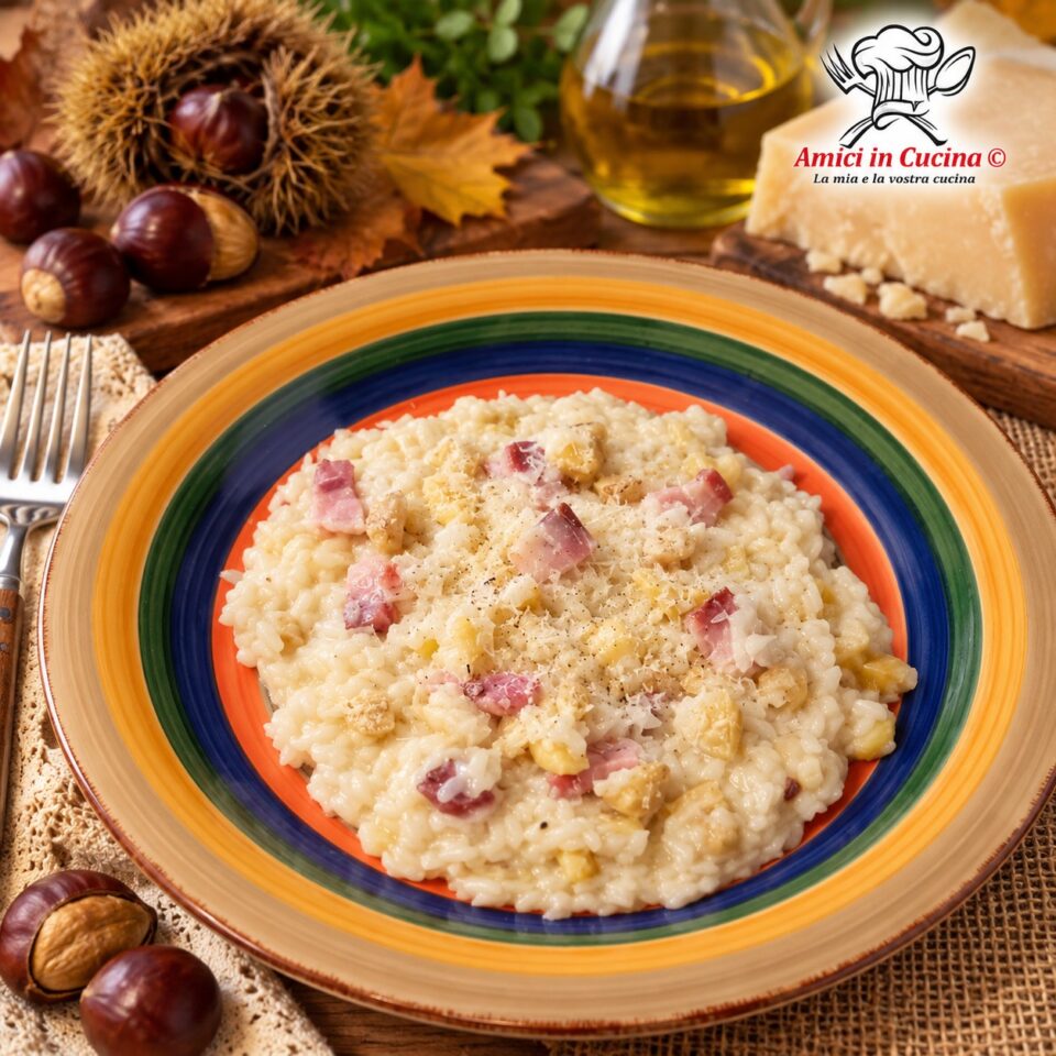 Piatto fondo con risotto cremoso alle castagne mantecato con taleggio e listarelle di speck croccante preparato da Tiziana Ricciardi