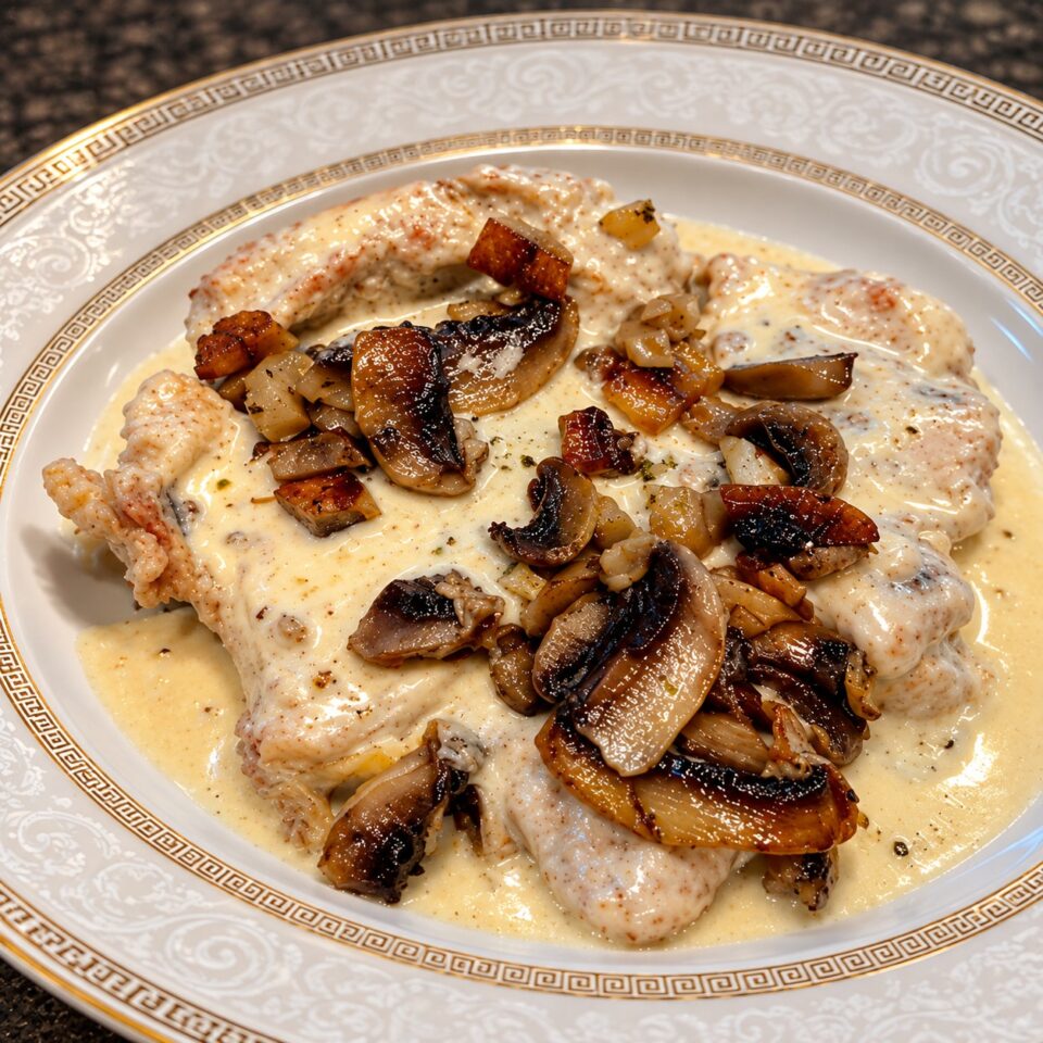 Piatto elegante con ossobuco di vitello ricoperto da una densa salsa alla panna e funghi champignon trifolati in superficie: