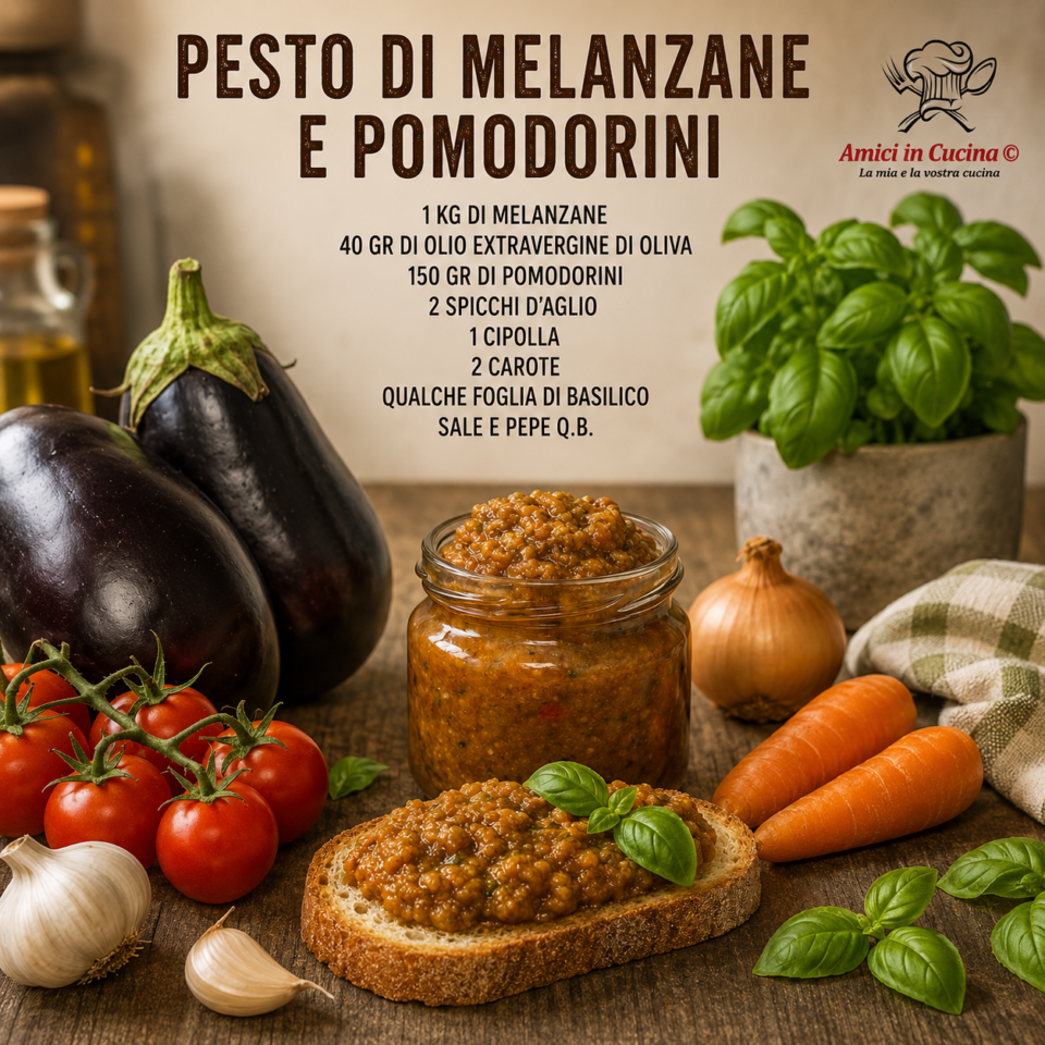 Pesto di melanzane e pomodorini cremoso pronto per condire la pasta