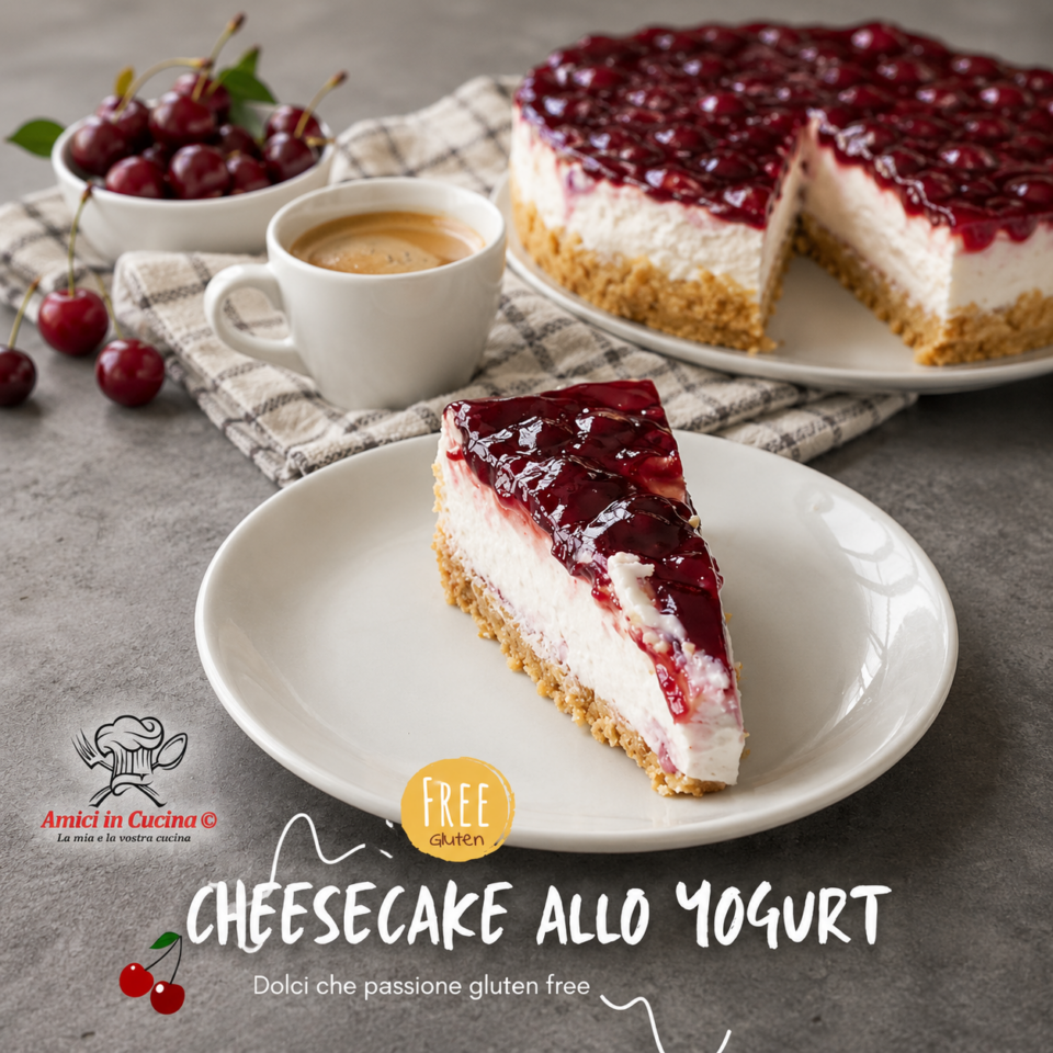 Cheesecake allo yogurt gusto ciliegie senza glutine con copertura di marmellata