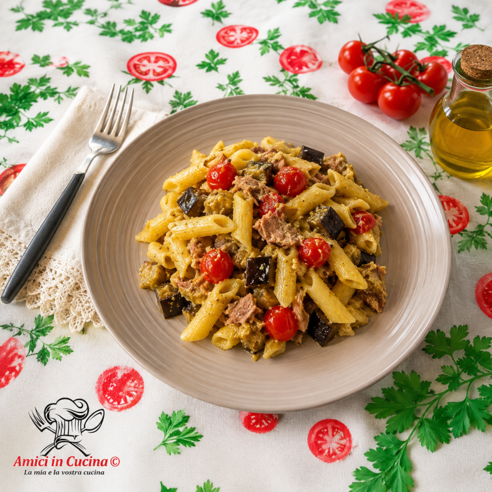 Pasta con crema di zucchine, melanzane, pomodorini e tonno