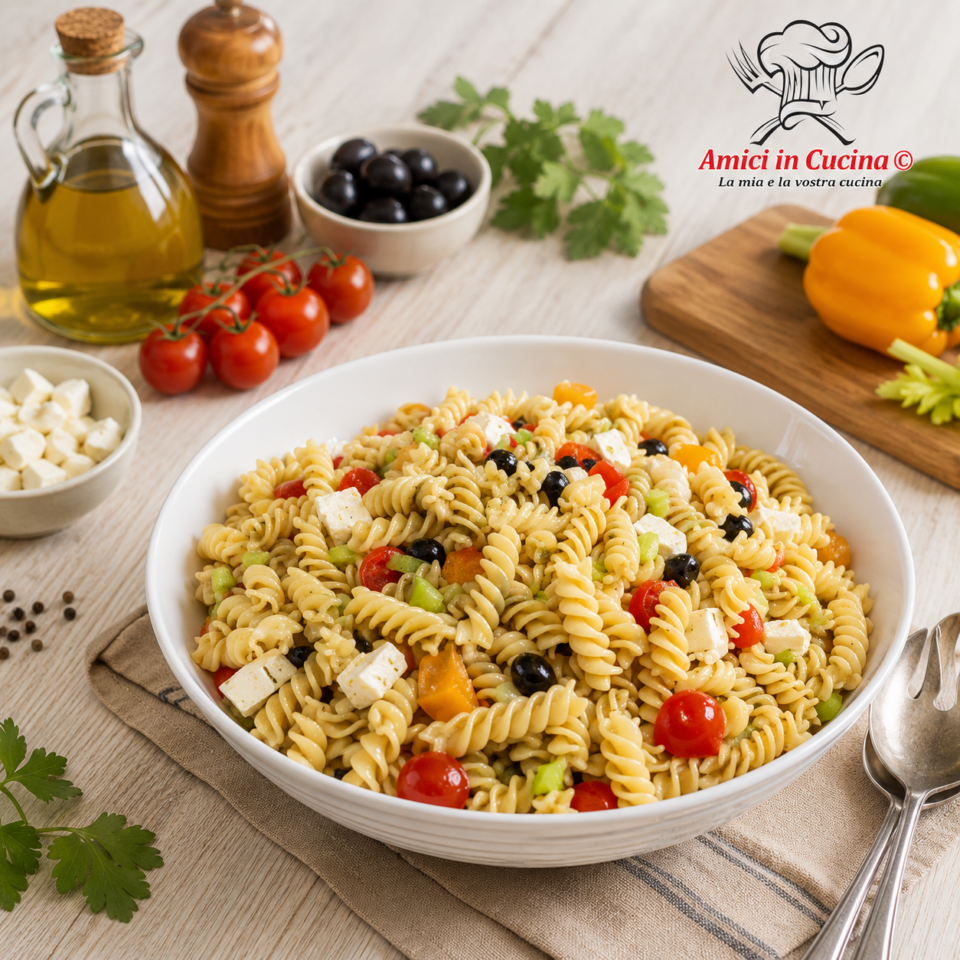 Pasta fredda con melone feta e olive nere
