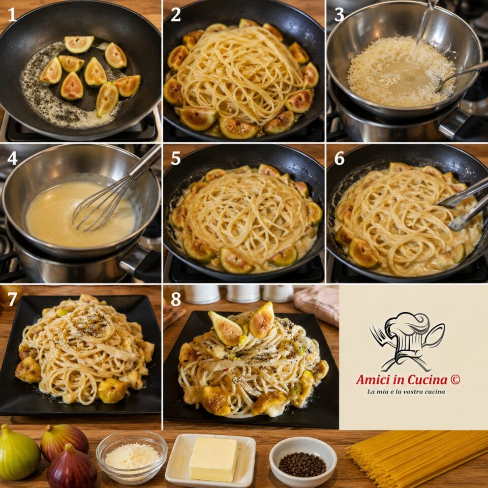 Procedimento per preparare gli spaghetti con crema al pecorino e fichi