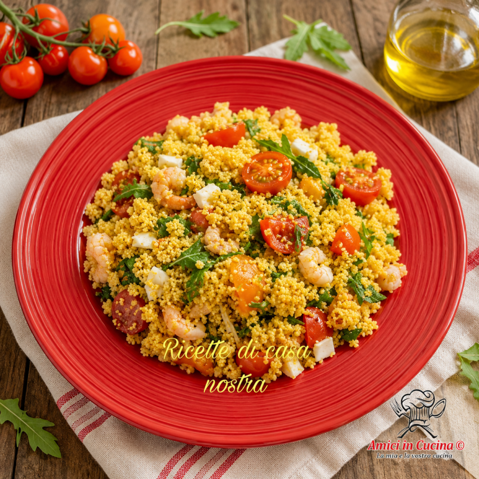 Cous cous con gamberetti, surimi, pomodorini e rucola pronto da servire come piatto estivo fresco e leggero.