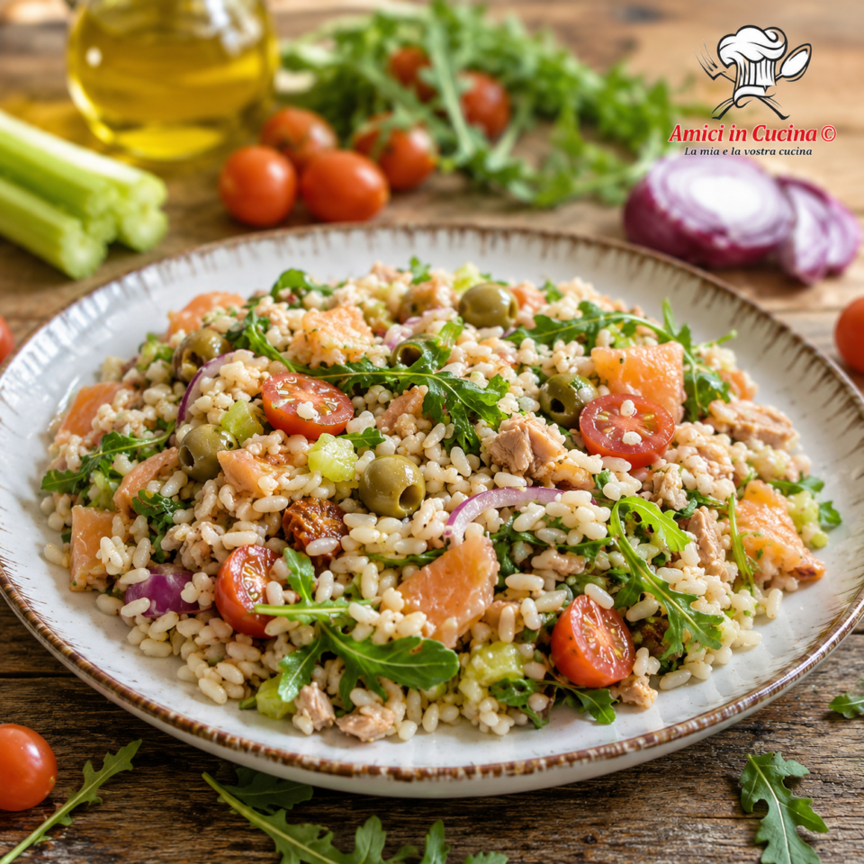 Riso integrale all'insalata con salmone affumicato tonno pomodorini e rucola