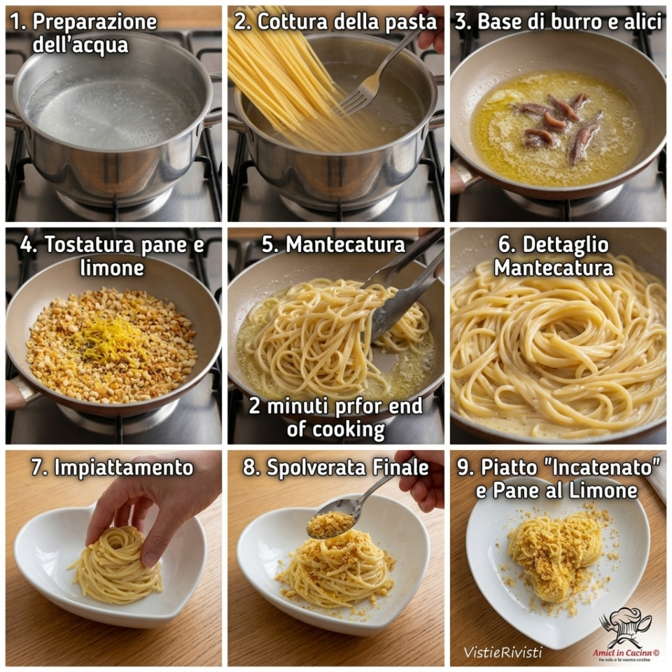 Collage fotografico 3x3 con i passaggi per preparare le linguine con burro e alici, dalla cottura della pasta all'impiattamento a forma di cuore con pane tostato al limone.