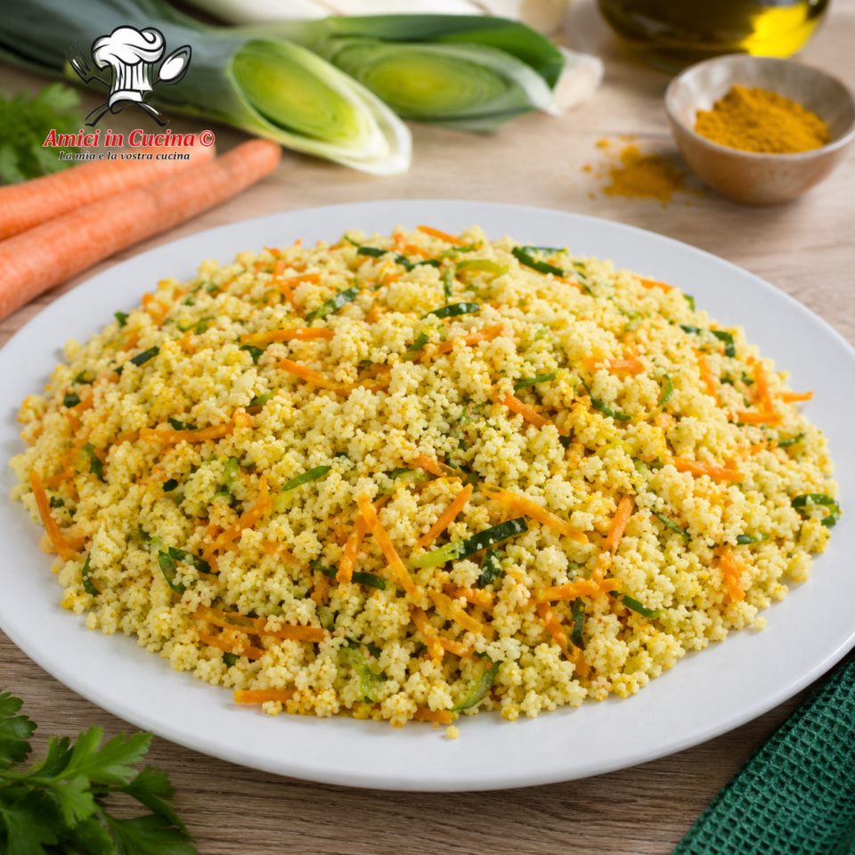 Cous cous con carote e porri profumato alla curcuma e spezie