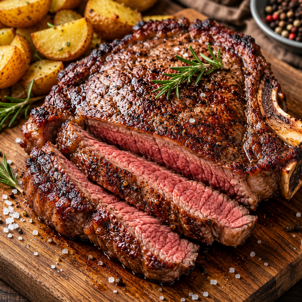 Costata di manzo in friggitrice ad aria con cottura media, crosticina dorata e interno succoso servita su tagliere di legno.