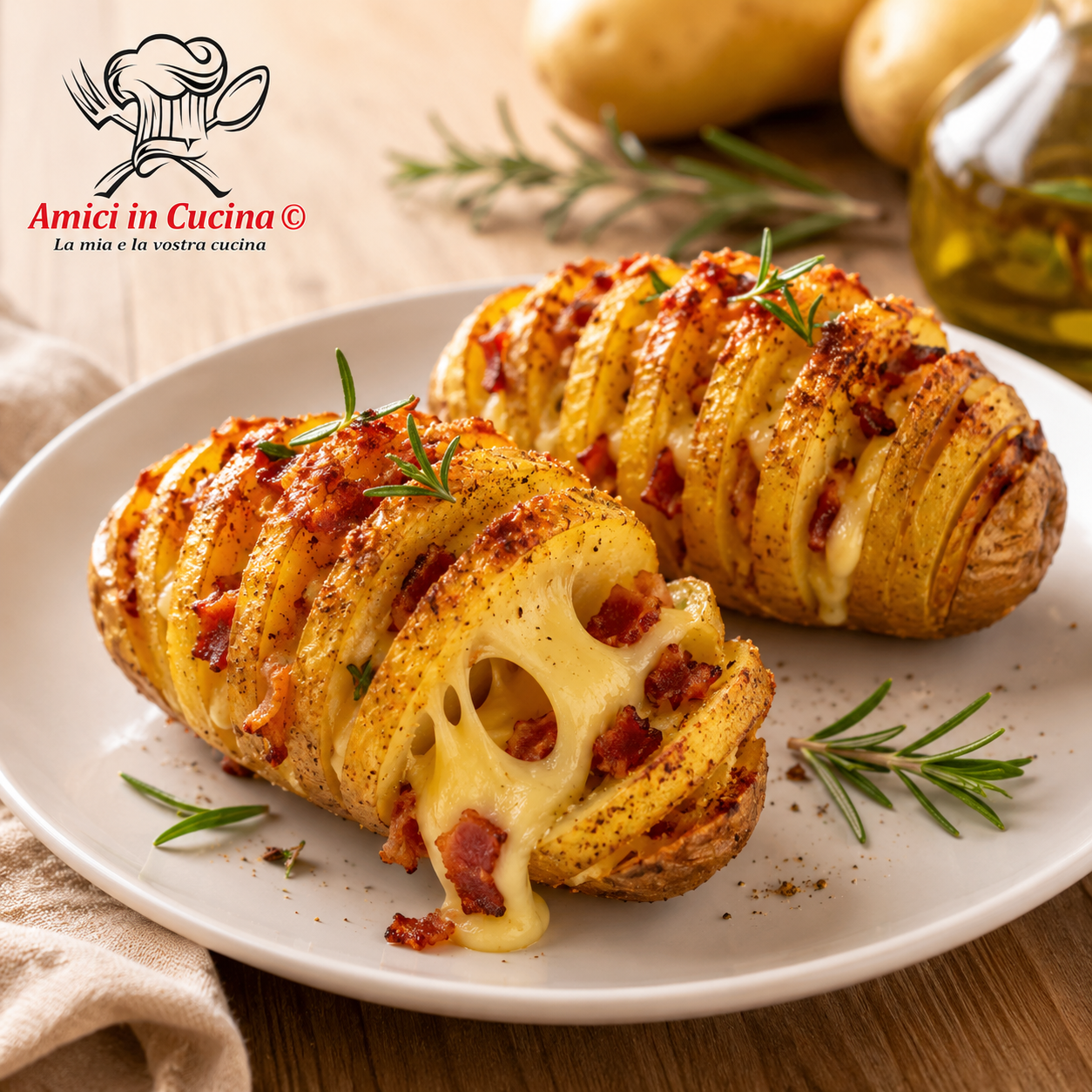 Patate ripiene in friggitrice ad aria con scamorza filante, pancetta croccante e rosmarino