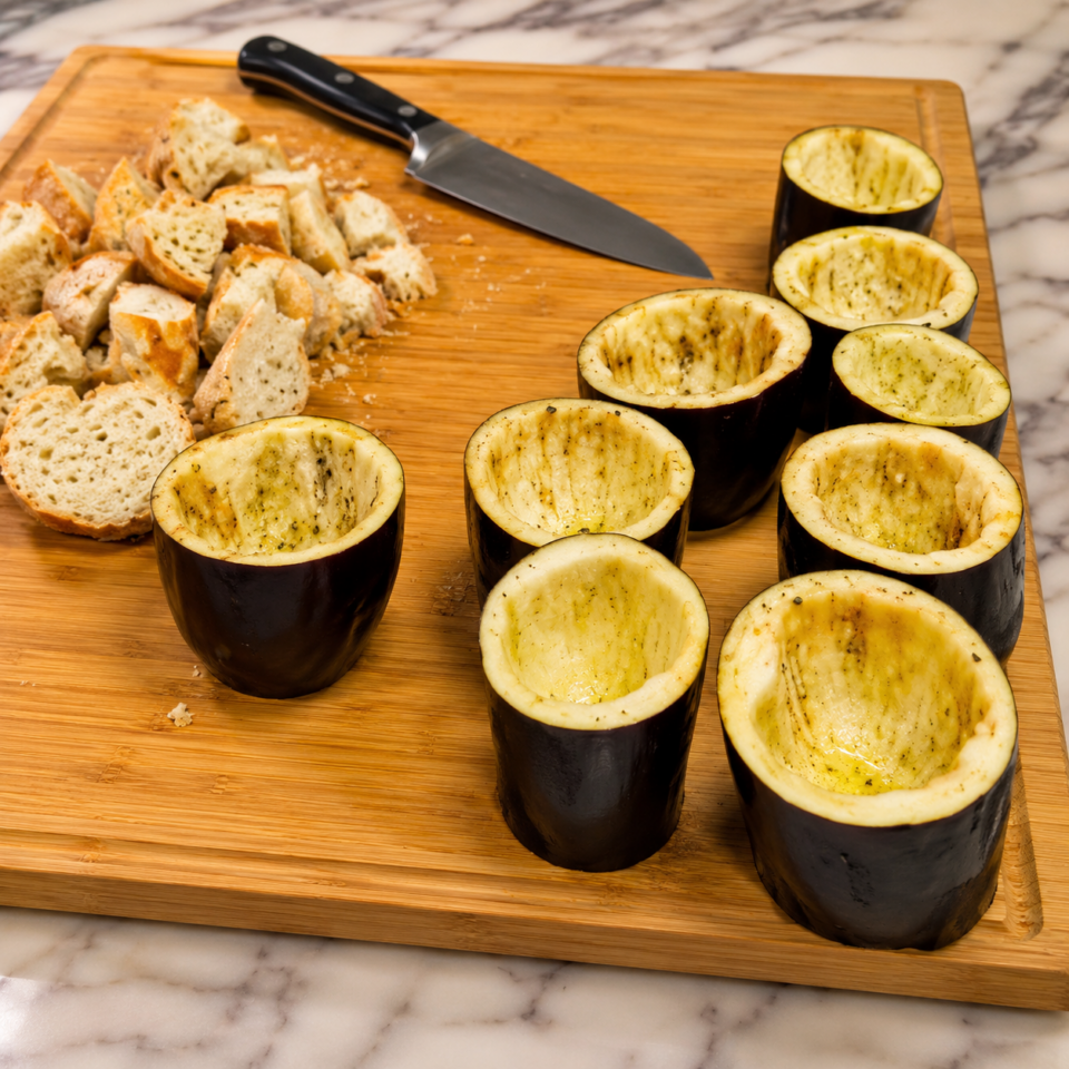 Bicchieri di melanzane estivi croccanti con pomodorini mozzarelline e crostini