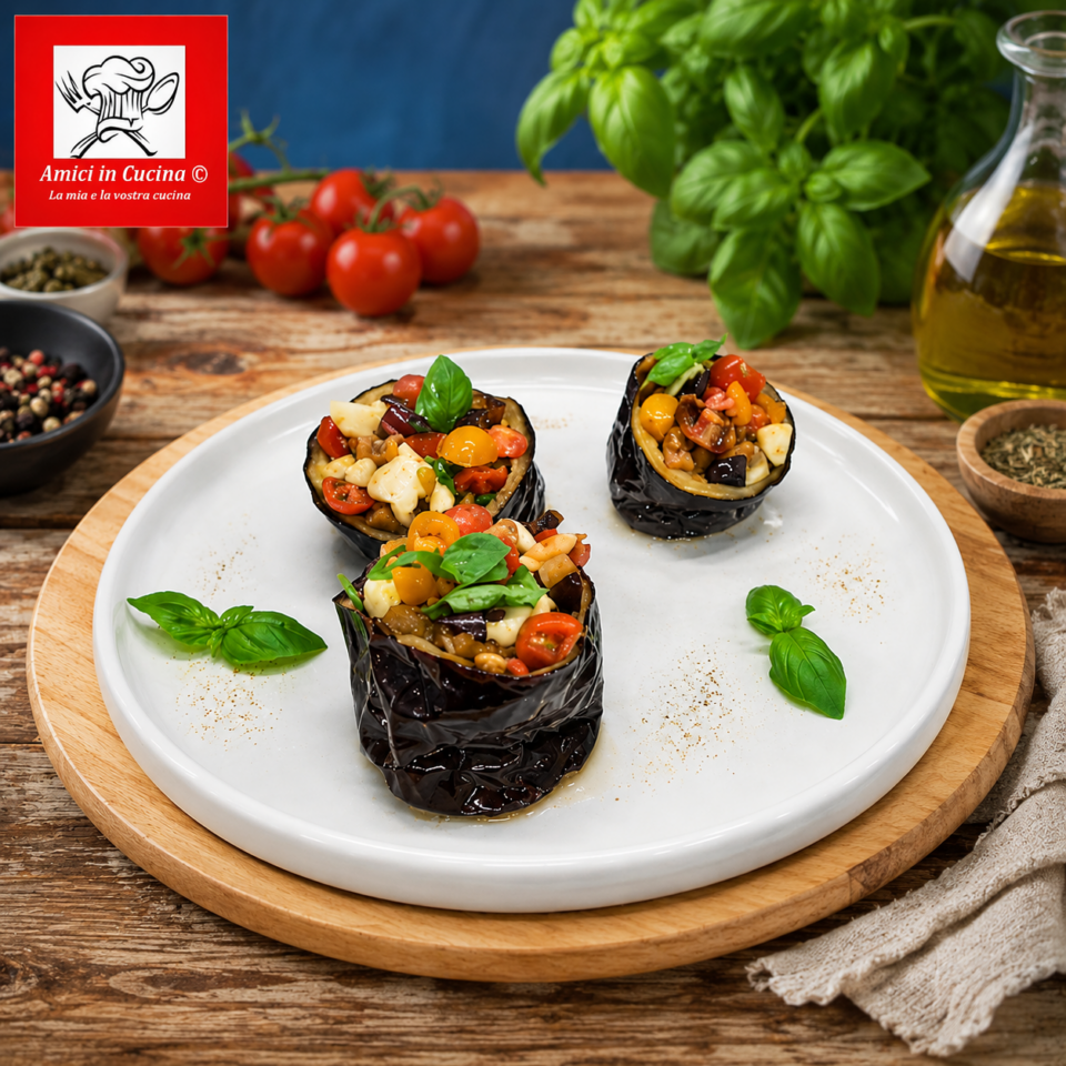 Bicchieri di melanzane estivi croccanti con pomodorini mozzarelline e crostini