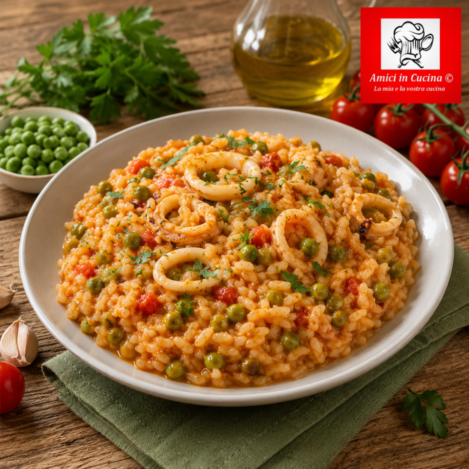 Risotto con calamari e piselli cremoso e profumato