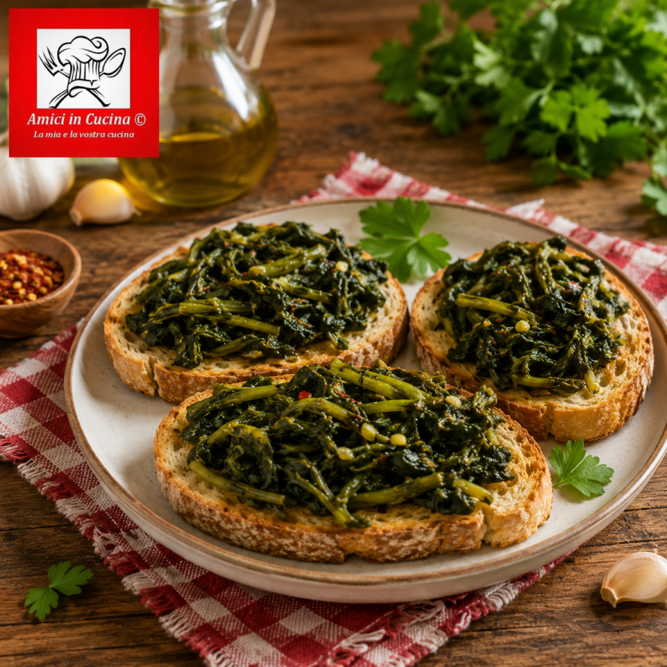 Bruschettina con cicoria ripassata in padella con aglio olio e peperoncino