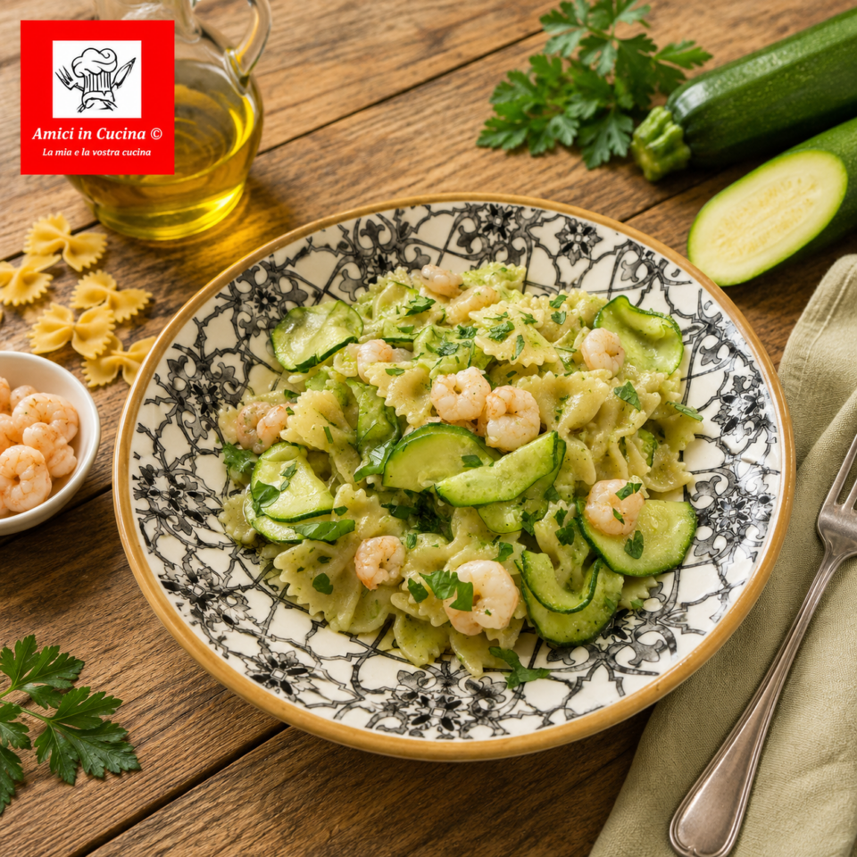 Farfalle con gamberetti e zucchine cremose decorate con prezzemolo fresco