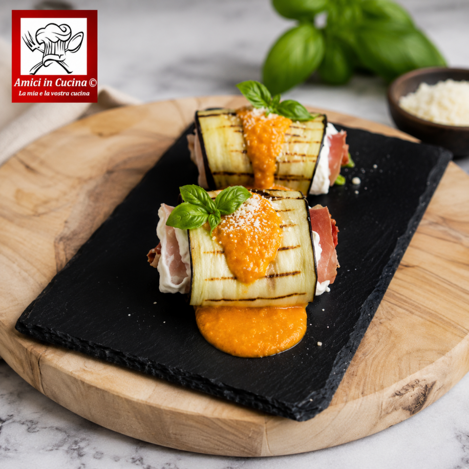 Involtini di melanzane con burrata, prosciutto crudo e pomodorini