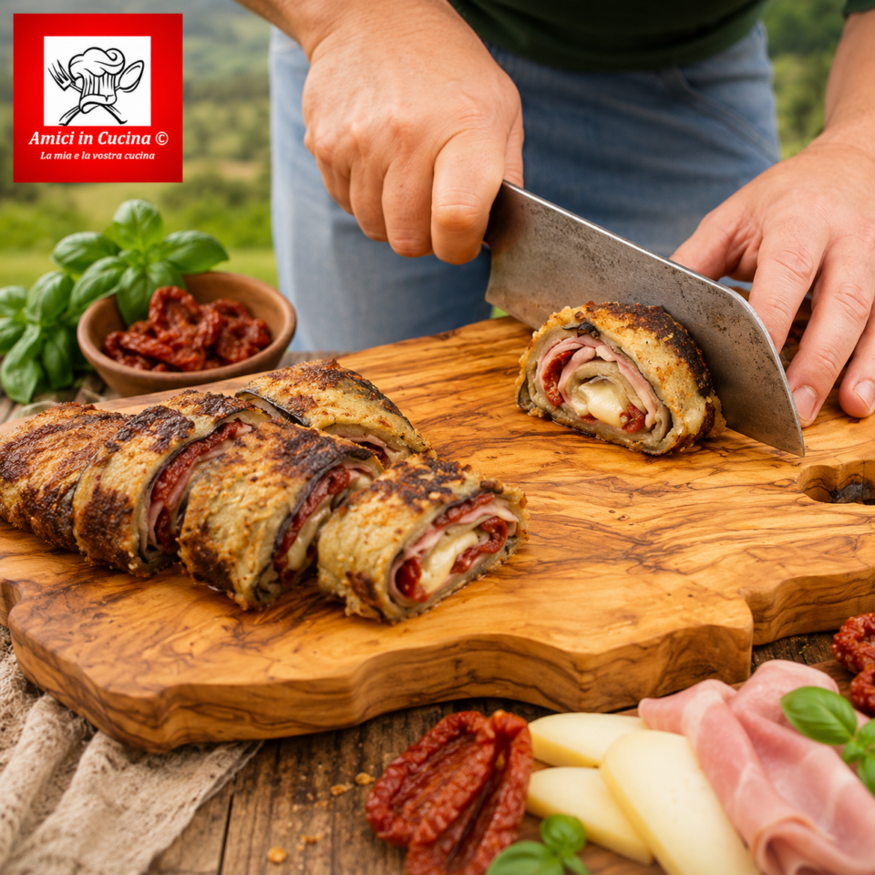 Melanzane in porchetta croccanti con scamorza filante e prosciutto arrosto