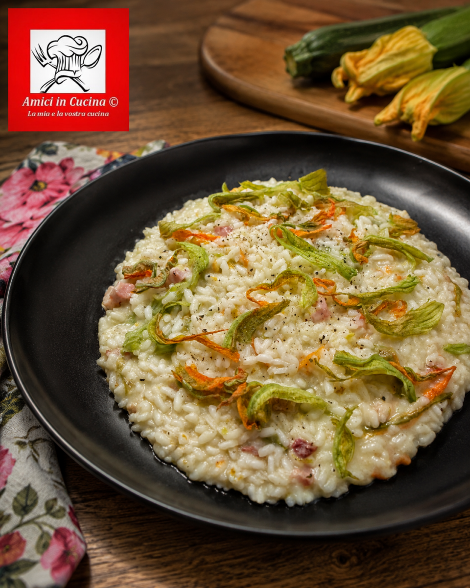 Risotto cremoso con fiori di zucca e pancetta croccante