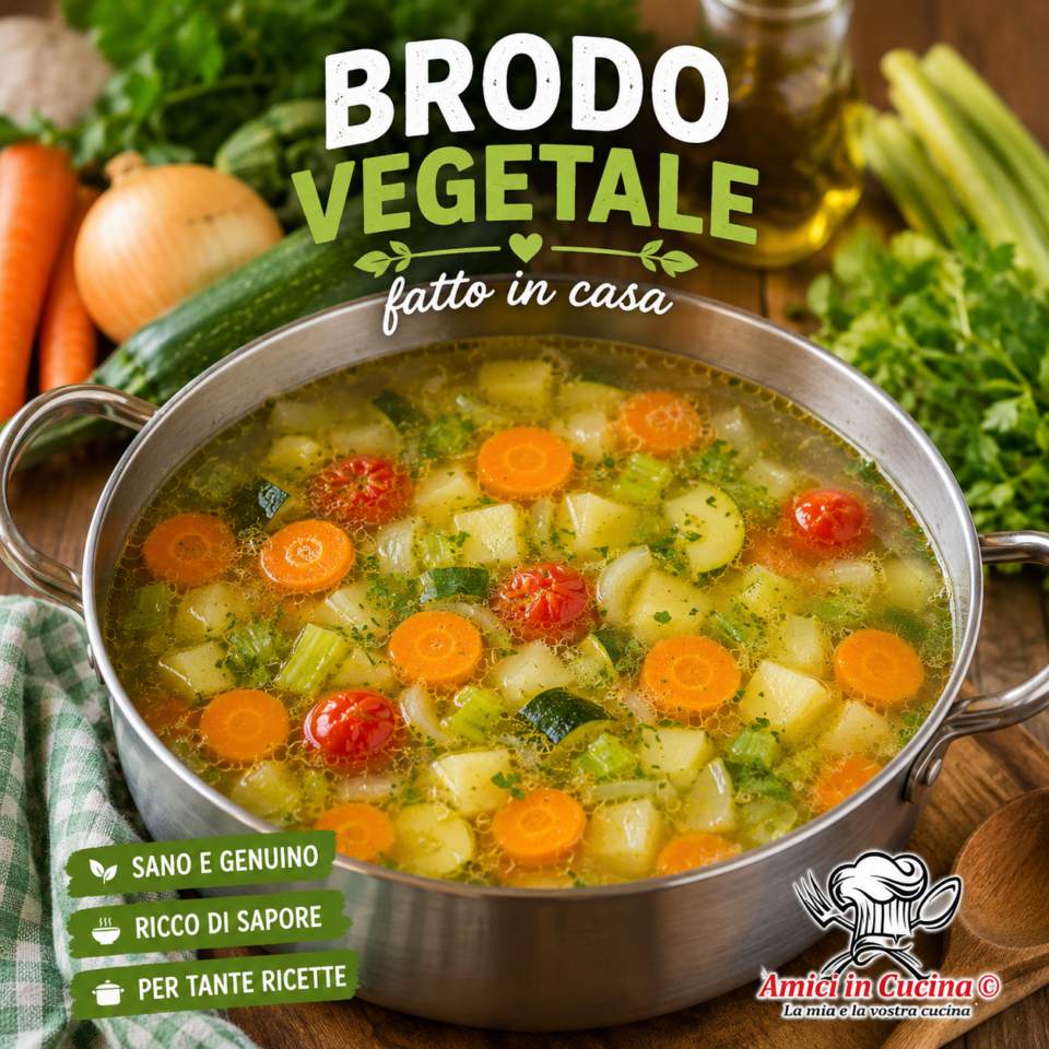 Brodo vegetale fatto in casa preparato con carote, sedano, cipolla, zucchine, pomodorini e patate.