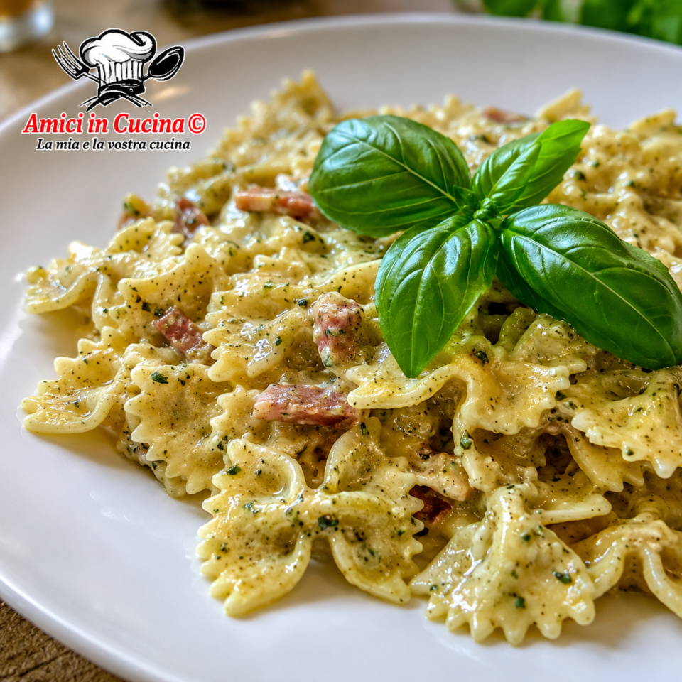 Farfalle con crema di zucchine noci e speck