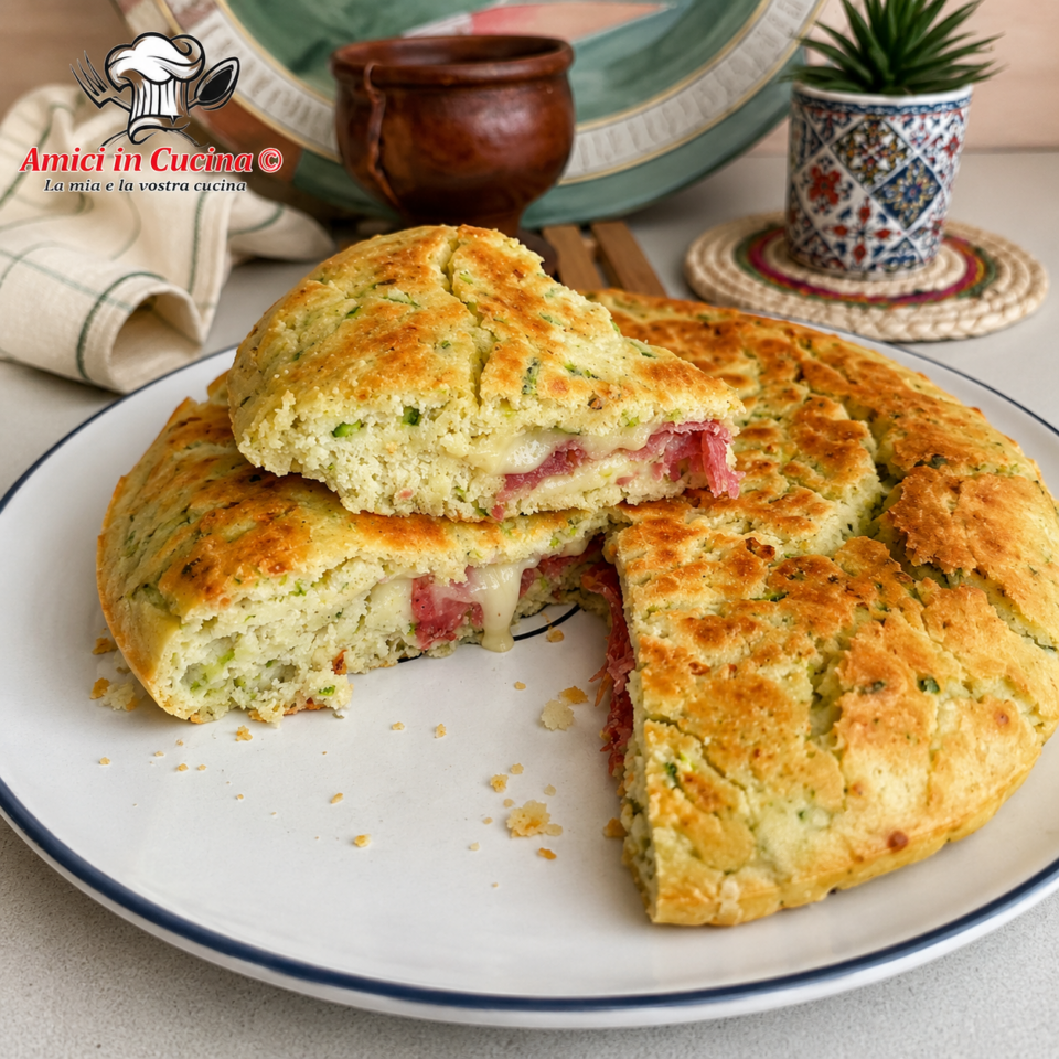 Focaccia di zucchine cotta in padella farcita con salame e provola